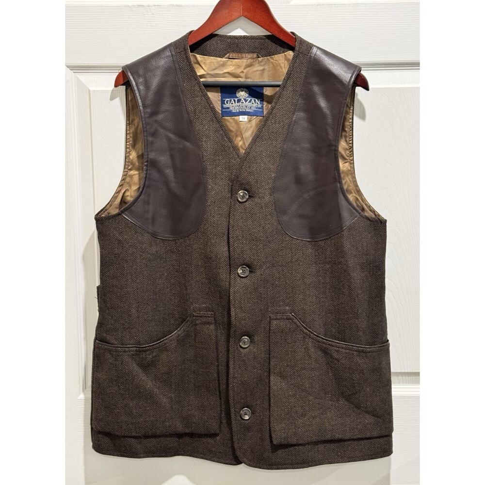 Galazan Brown Herringbone Tweed Wool Vest Leather Shoulder Patches Mens Size 54